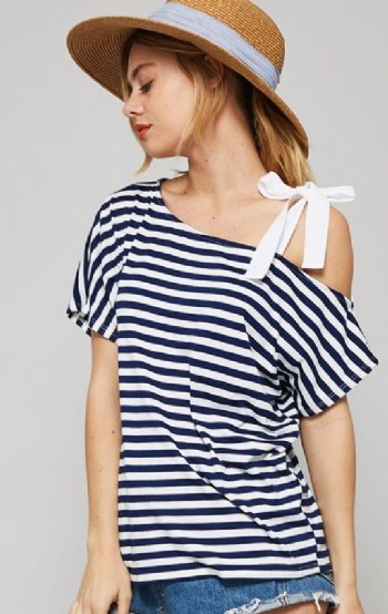 Women's Navy & White Bow Shoulder Top<BR>Now in Stock