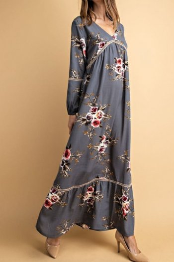 Women's Gray Cottage Rose Maxi Dress<BR>Now in Stock