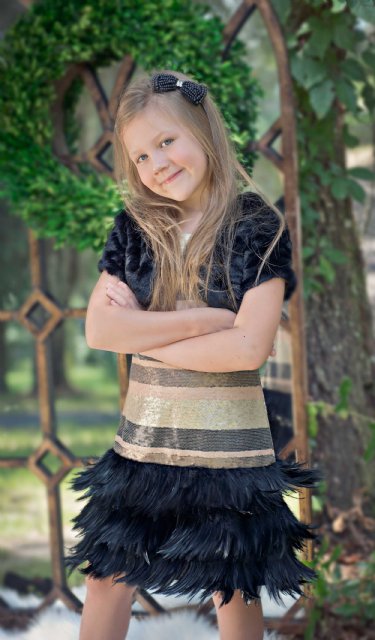 Girls Sequin Feather Bottom Dress<BR>7 & 8 Years ONLY