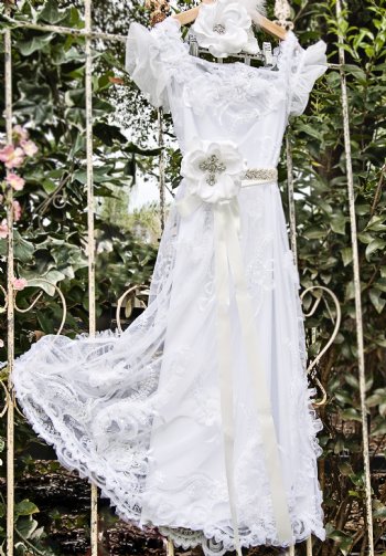 Couture White Decadence Lace Maxie Dress <br>Matching Flower Sash, Headband & Sandal also Available!<br>Perfect for First Communion, Weddings & Special Occasions