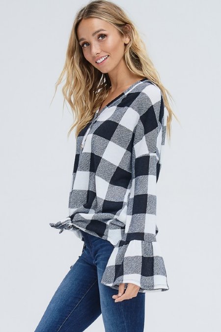 Women's Plaid Front Tie Top w/ Bell Sleeves Now in Stock
