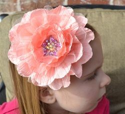 Peachy Tulle Flower Headband with Crystal Center 