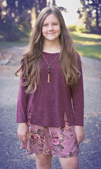 Tween Burgundy Floral Dress with Necklace<br>7 to 16 Years<br>Now In Stock