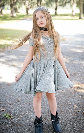 Tween Heather Cold Shoulder Dress With Necklace<BR>Now In Stock