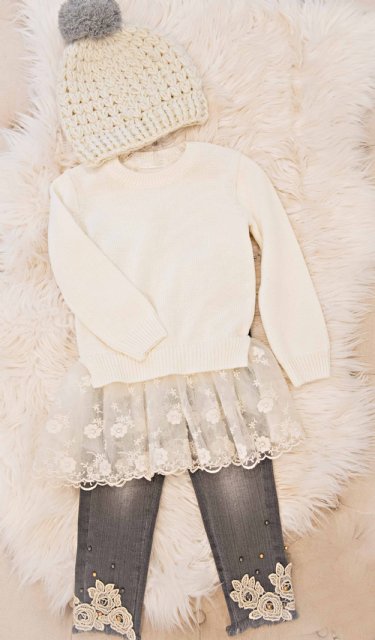 Mae Li Rose Lace Bottom Sweater in Ivory<BR>Now in Stock