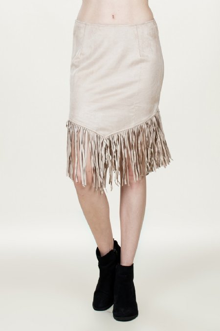 Women's Taupe Suede Skirt with Fringe<BR>Now in Stock