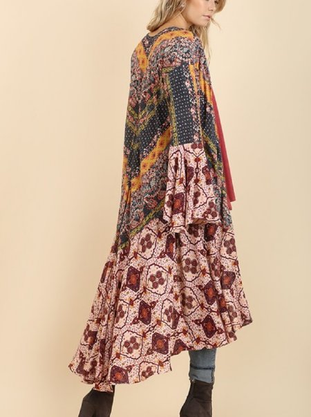 Download Women's Multigraphic Ruffled Long Kimono Now in Stock