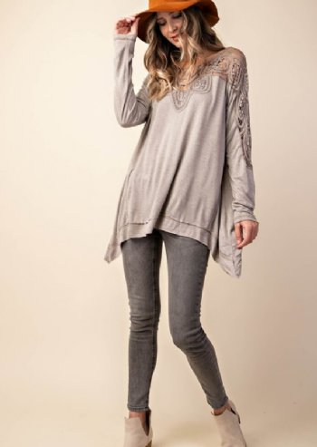 Women's A Simpler Time Mixed with Lace Oversized Top<BR>Now in Stock