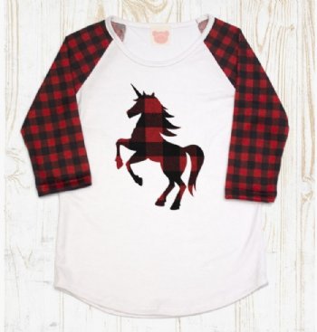 Girls Unicorn in Plaid 3/4 Sleeve Baseball Top<BR>Now in Stock