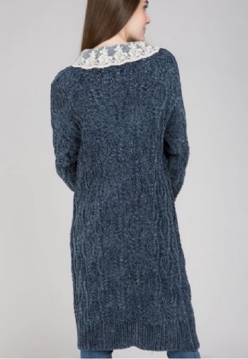 Women's Chenille Patches and Lace Cardigan<BR>Now in Stock