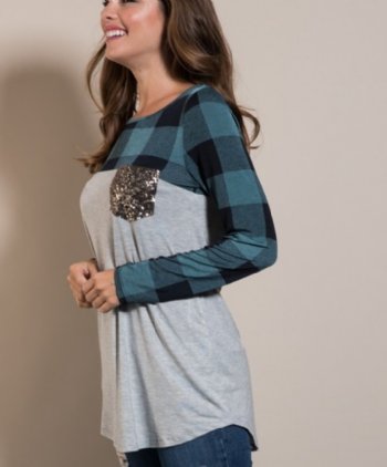 Women's Teal Buffalo Plaid Top With Sequin Pocket<BR>Large ONLY