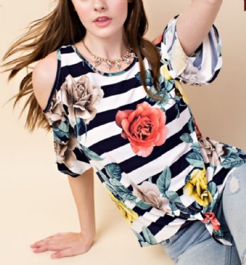 Women's Floral Striped Open Shoulder Top<BR>Now in Stock