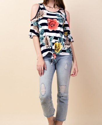 Women's Floral Striped Open Shoulder Top<BR>Now in Stock