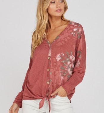 Women's Front Tie Floral Mix Button Down Top<BR>Now in Stock
