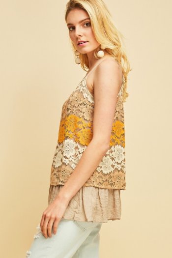 Women's Mustard Taupe Lace Top<BR>Now in Stock