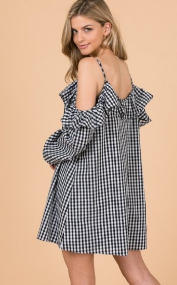Womens Cold Shoulder Gingham and Ruffles Dress<BR>Now in Stock