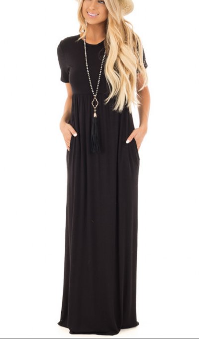 Women's Short Sleeve Black Pocket Maxi Dress Now in Stock