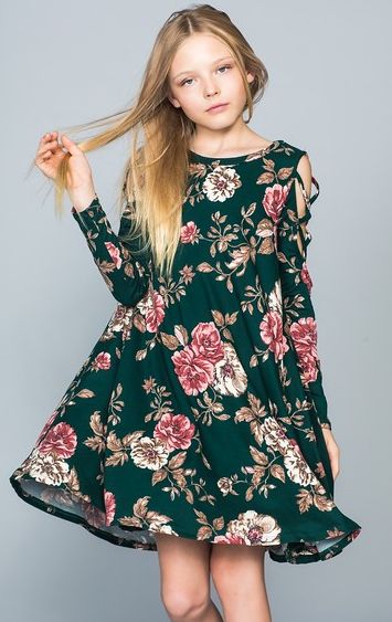 Girls Green Floral Knit Dress<BR>Now in Stock
