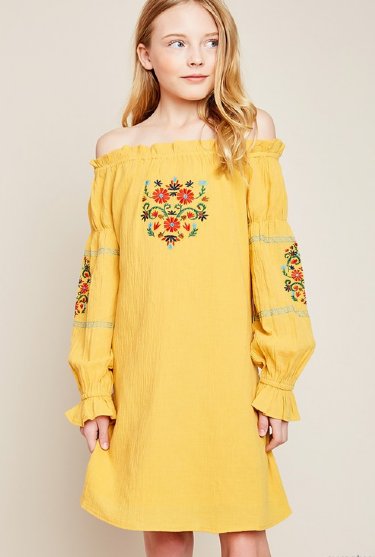 Tween Mustard Embroidered Dress<BR>Now in Stock