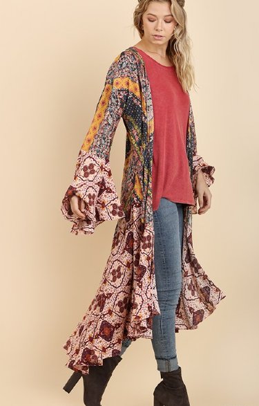 Women's Multigraphic Ruffled Long Kimono<BR>Now in Stock