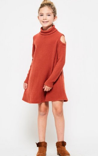 Girls Burnt Orange Cold Shoulder Sweater Dress<br>4 to 14 Years