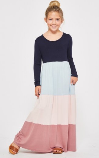 Girls Color Block Pocket Maxi Dress<br>5 to 14 Years<BR>Now in Stock