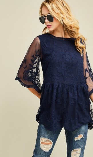 Women's Navy Boho Embroidered Lace Top<BR>Now in Stock