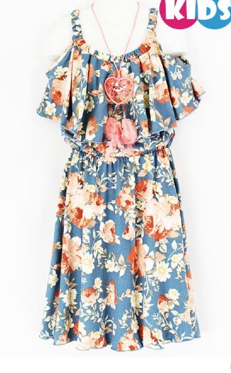 Girls Dusty Blue Floral Off Shoulder Dress<br>4 to 8 Years<BR>Now in Stock