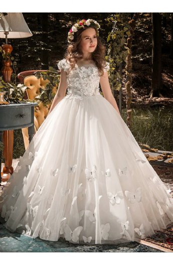 Girls White Butterfly Hem Gown Preorder<br>4 to 14 Years