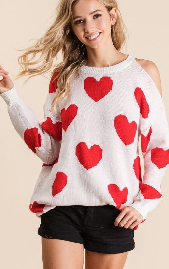 Women's Heart Print Cold Shoulder Sweater Now In Stock