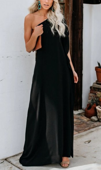 Women's Flowy Black One Shoulder Maxi Dress Preorder