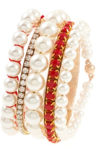 Red Peal & Crystal Bangle Bracelet Set