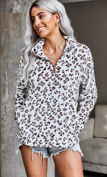 Women's Leopard Zip Sherpa Pullover Preorder