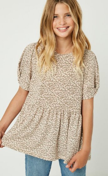 Tween Leopard Knotted Sleeve Tunic in Stock