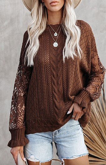Women's Crochet Lace Sleeve Sweater Brown