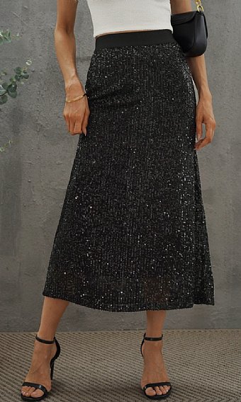Women's Black Sequin Midi Skirt Preorder