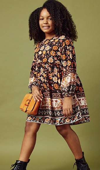 Tween Balloon Sleeve Fall Floral Dress <br>7 to 14 Years<br>Now in Stock