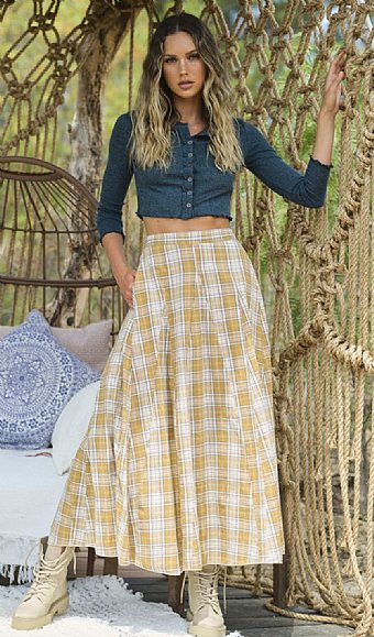Woman's Mustard Plaid Pocket Maxi Skirt