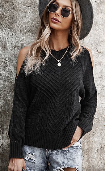 Woman's Black Cold Shoulder Textured Sweater Preorder