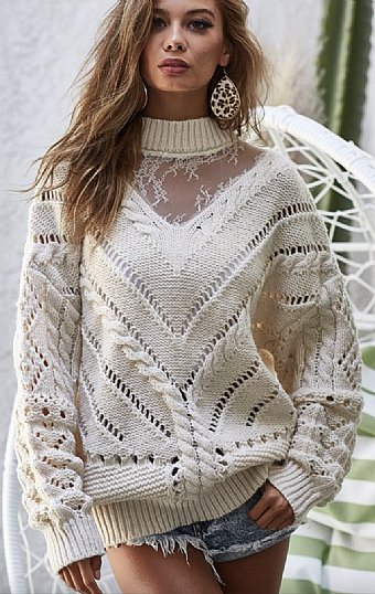 Women's Lace Neck Ivory Sweater Preorder