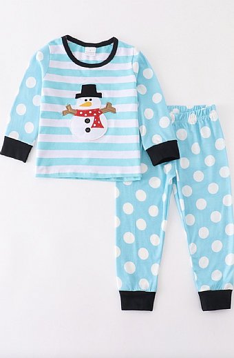 Blue Polkadot Snowman Christmas Pajamas<br>12 Months to 6 years