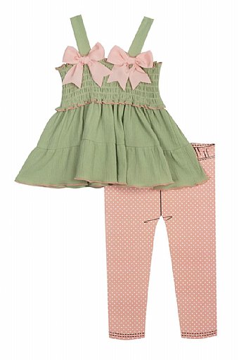 Girls Pink & Sage Bow Top Set Preorder<br>12 Month to 6X