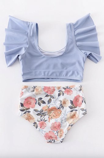 Girls Blue Floral 2 pc Swimsuit<br>12 Months to 8 Years