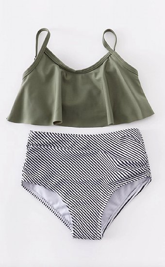 Girls Olive Ruffled 2 Piece Swimsuit<br>2 to 8 years
