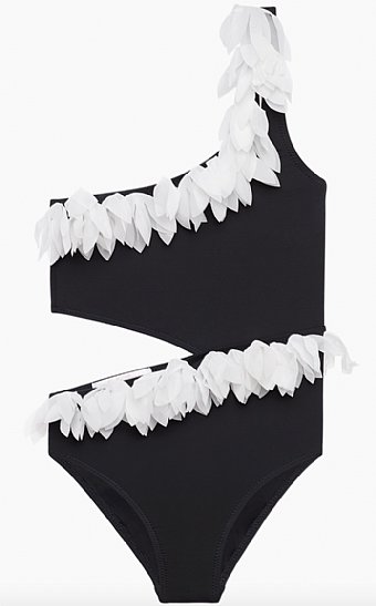 Girls Black Side Cut Swimsuit With White Petals<br>2 to 14 Years
