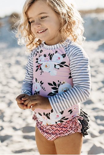Girls Floral & Stripe Rash Guard & Ruffle Bottom Swimsuit<br>18 Month to 12 Years