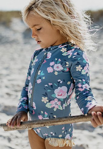 Girls Grey Floral Long Sleeve Swimsuit<br>18 Months to 12 Years
