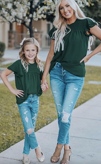 Emerald Frill Sleeve Swiss Dot Top<br>Kids & Women's Sizes