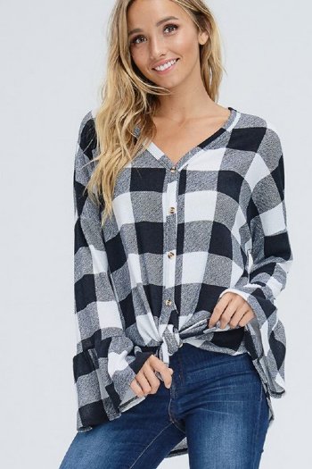 Women's Plaid Front Tie Top w/ Bell Sleeves<BR>Now in Stock