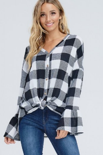 Women's Plaid Front Tie Top w/ Bell Sleeves<BR>Now in Stock